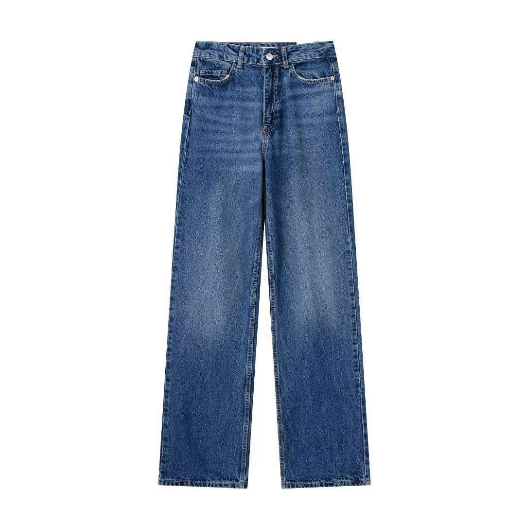 Women Loose Half Elastic Waist Loose Straight Leg Denim Trousers