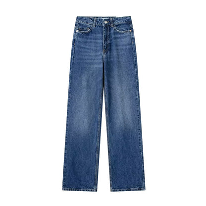 Women Loose Half Elastic Waist Loose Straight Leg Denim Trousers