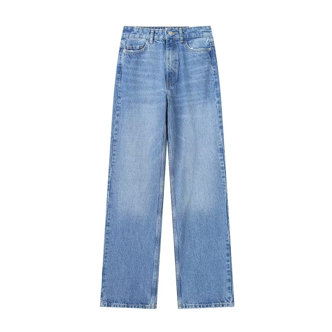 Women Loose Half Elastic Waist Loose Straight Leg Denim Trousers