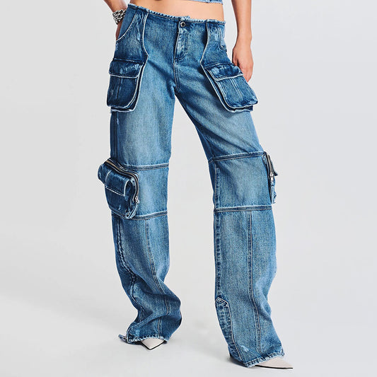 Casual Frauen Jeans Herbst Nähte Große Tasche Gerade Abnehmen Denim Hose