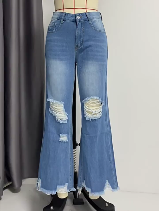 Damen Jeans mit Quaste und wassergewaschenem Loch, lang, lässig, mittelhohe Taille, Hose mit weitem Bein