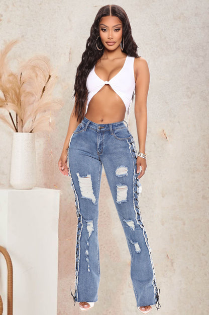 Pantalon en jean déchiré sexy à haute élasticité pour femme avec cordon à œillets