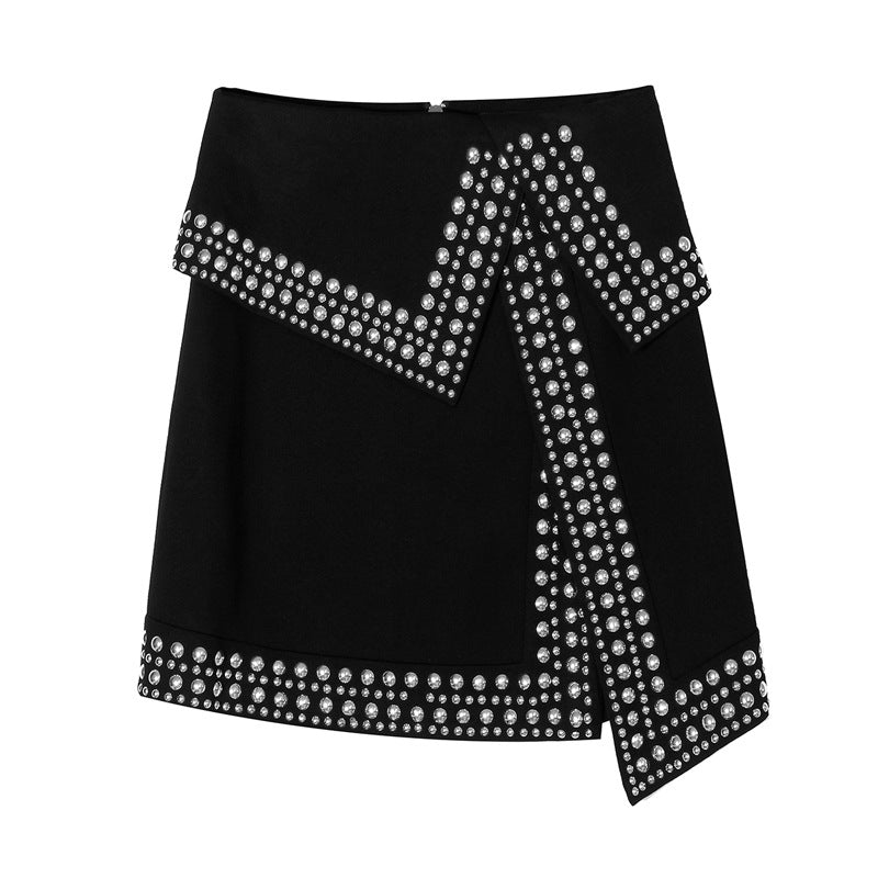 Heavy Industry Punk High Waist Rivet Beaded Asymmetric Split Skirt