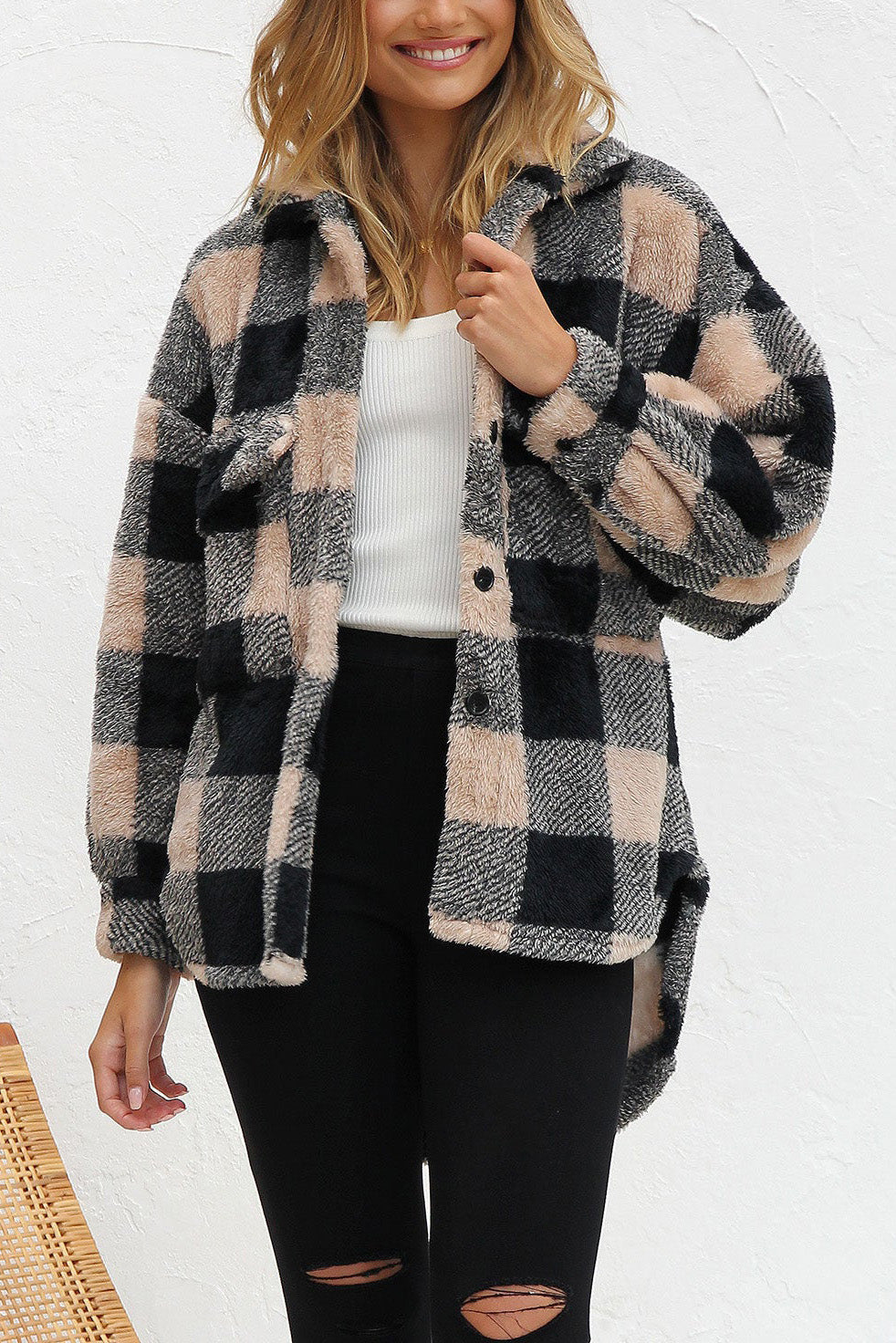 Damen Herbst Winter Jacke Arctic Plüsch Plaid Elegante Lose Alle Passenden Kragen Taste Mantel