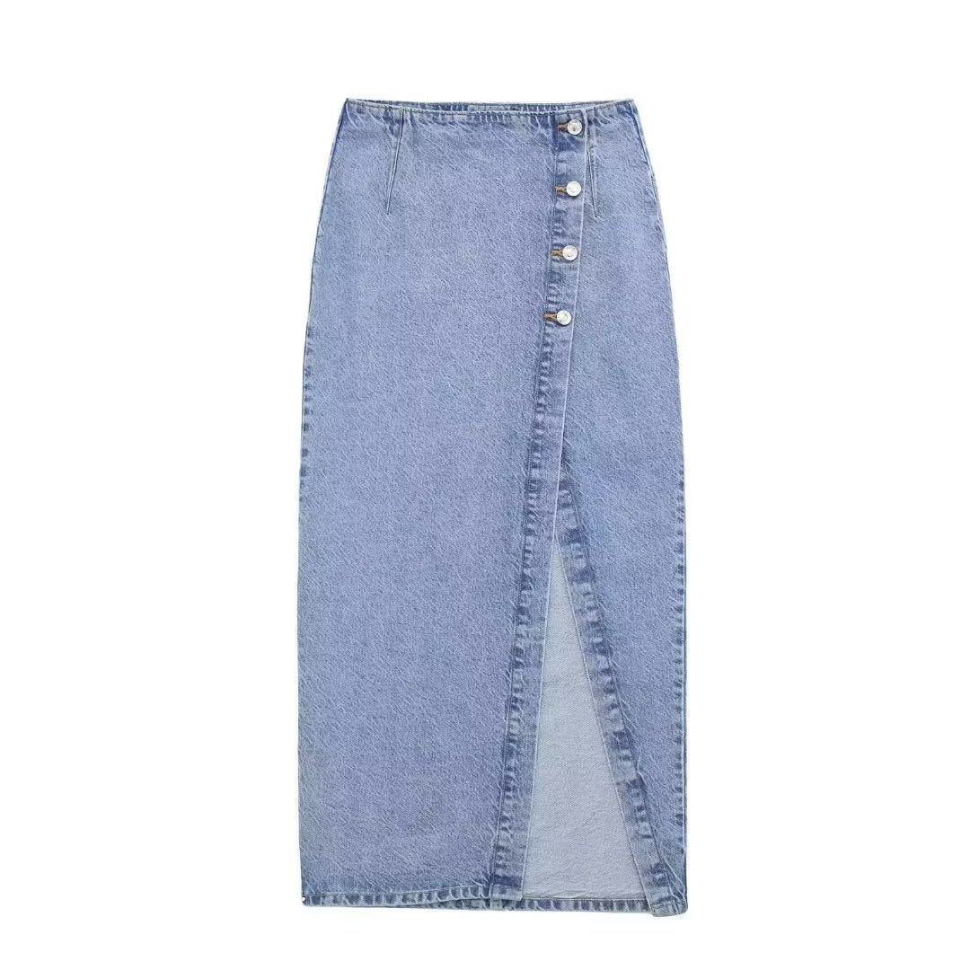 Young Button Decoration Design Denim Skirt Special Split High Waist A Line Skirt Solid Color Slim Fit Maxi Dress