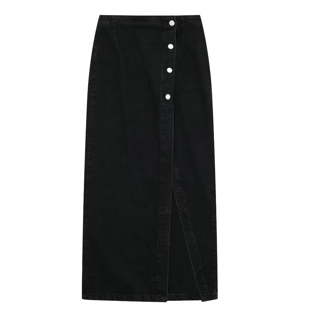 Young Button Decoration Design Denim Skirt Special Split High Waist A Line Skirt Solid Color Slim Fit Maxi Dress