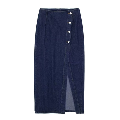 Young Button Decoration Design Denim Skirt Special Split High Waist A Line Skirt Solid Color Slim Fit Maxi Dress