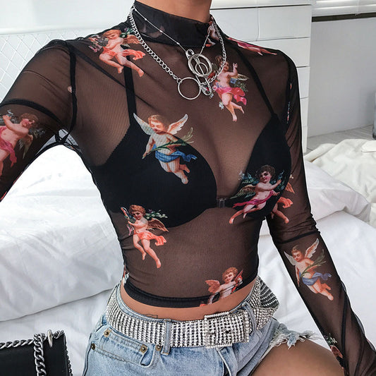 Long Sleeve Cupid Printed T shirt Women Autumn Half Turtleneck Sheer Mesh See-through cropped Street Top Women