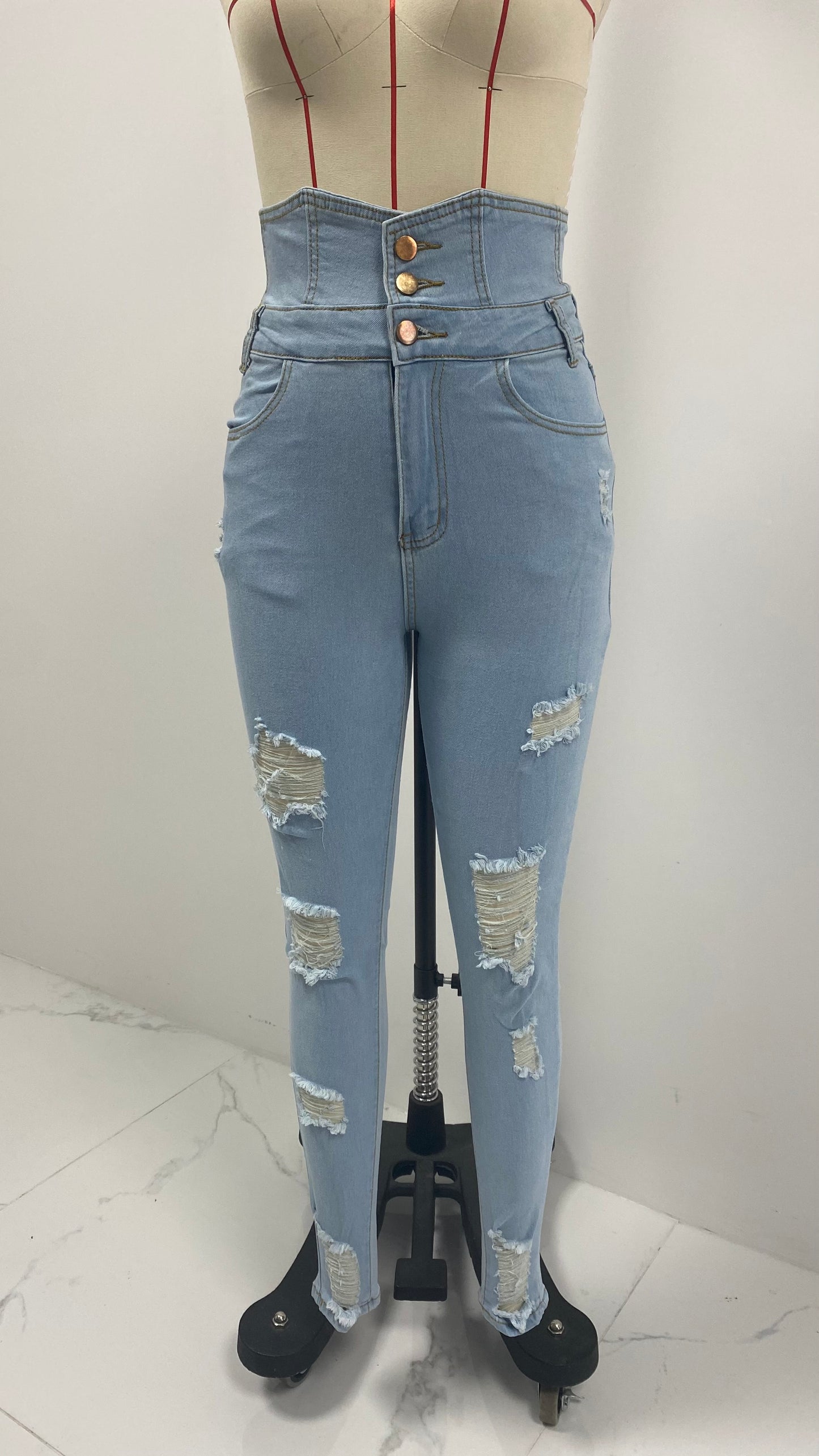 Pantalon skinny taille haute pour femme, style décontracté et tendance, avec des jeans déchirés et une taille haute