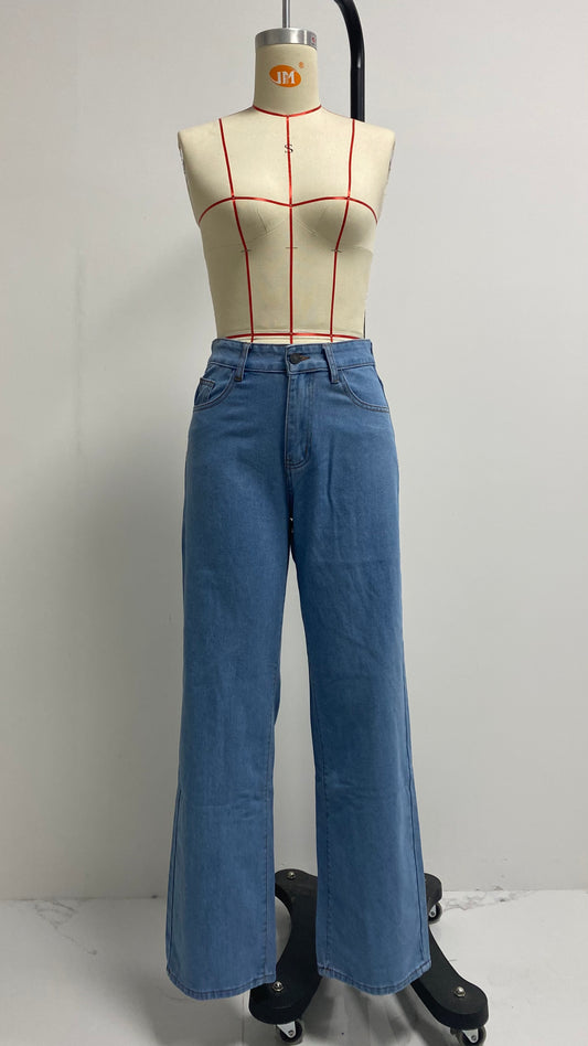 Jean taille haute délavé pour femme, pantalon long à jambe droite