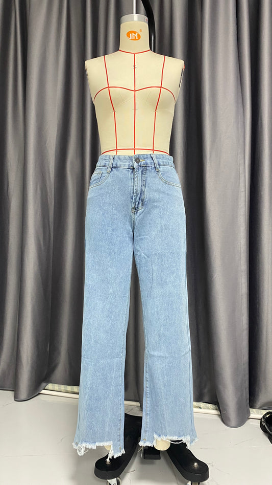 Jean ample décontracté pour femme, pantalon simple à jambe droite avec pompons