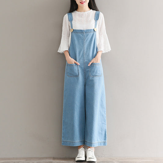 Mori Girl Artistic Retro Cropped Pants Loose Wide Leg Denim Suspender Trousers Women Preppy