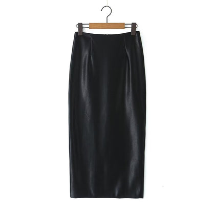 Black Faux Leather Skirt for Women Autumn Pull Sister Cool Sexy High Waist Back Slit Sheath Straight Dress