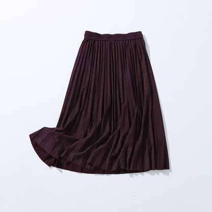 Autumn Elastic Waist Wild Silver Silk Mid Length Pleated Skirt Women