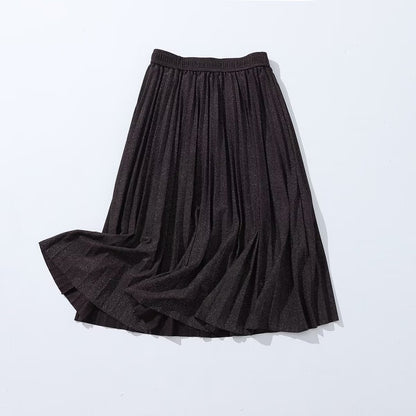 Autumn Elastic Waist Wild Silver Silk Mid Length Pleated Skirt Women