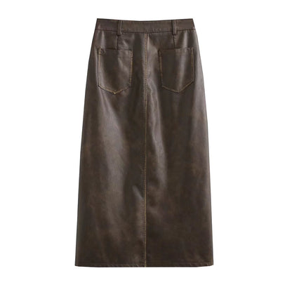 Retro Minority Elegant Faux Leather Skirt Urban Adult Lady like Woman Office Sexy High Waist One Button A line Skirt