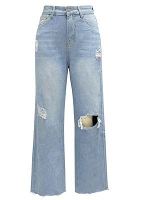 Pantalon droit à jambe large délavé en jean pour femme