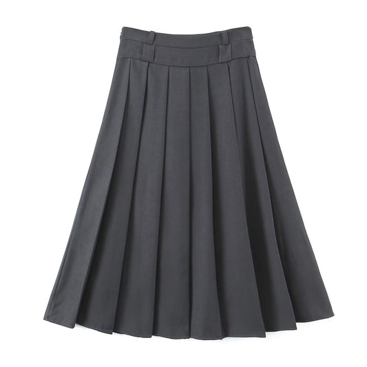 Autumn High Waist Slimming Gray Pleated Skirt Long Skirt for Women