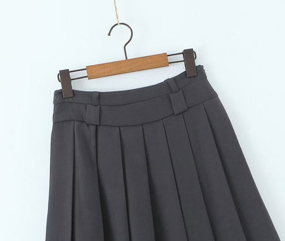 Autumn High Waist Slimming Gray Pleated Skirt Long Skirt for Women