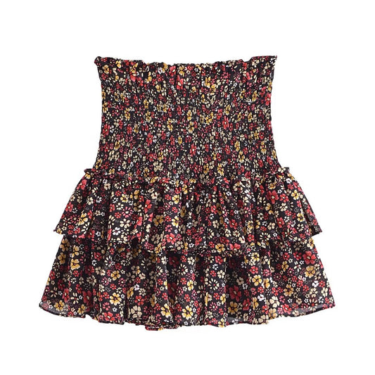 French Vintage Small Floral Printed Elastic Waist Tiered Skirt Women