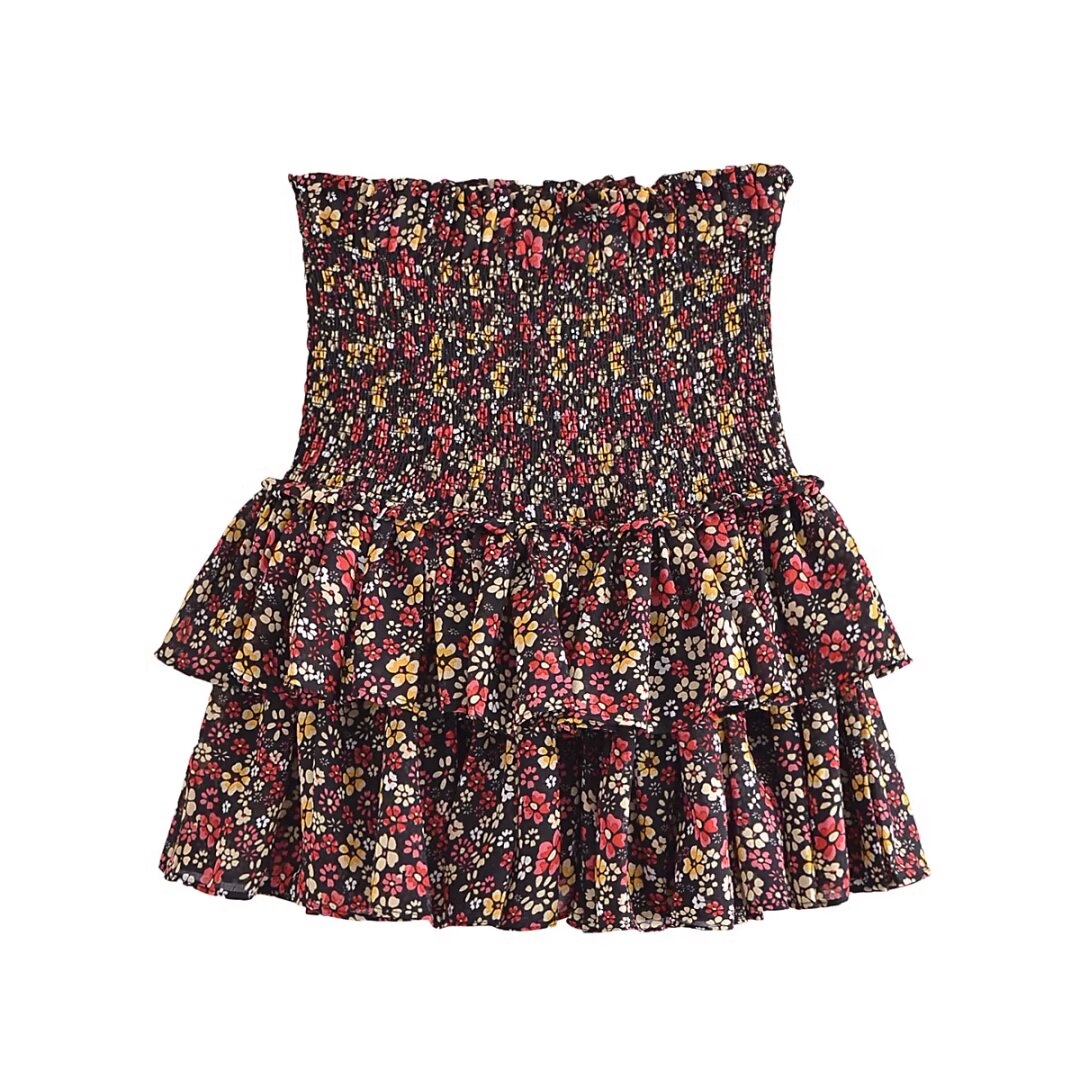 French Vintage Small Floral Printed Elastic Waist Tiered Skirt Women