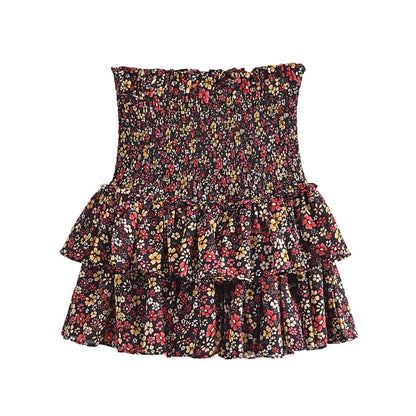 French Vintage Small Floral Printed Elastic Waist Tiered Skirt Women