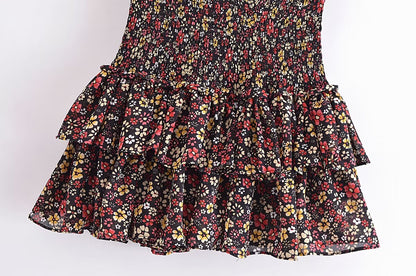 French Vintage Small Floral Printed Elastic Waist Tiered Skirt Women