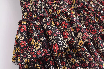 French Vintage Small Floral Printed Elastic Waist Tiered Skirt Women