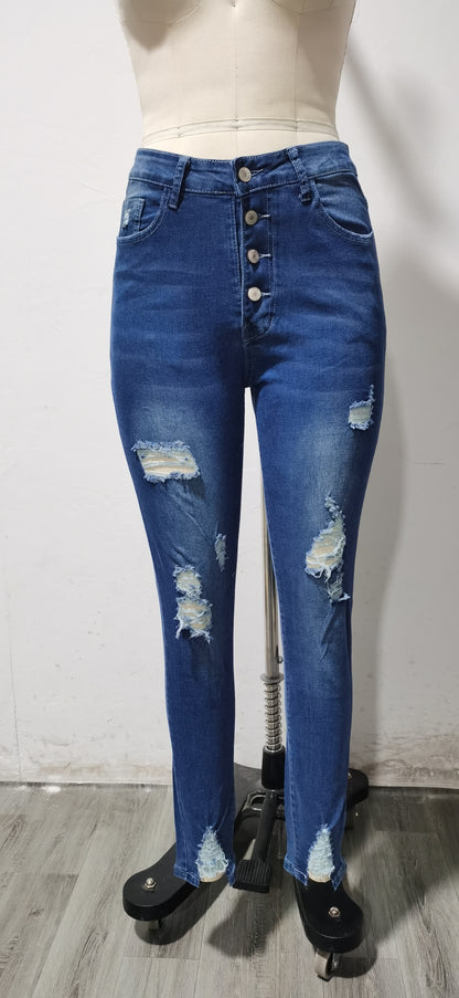 Herbst zerrissene Knöchel gebundene Jeans Frauen gewaschene Breasted Pencil Casual Hosen