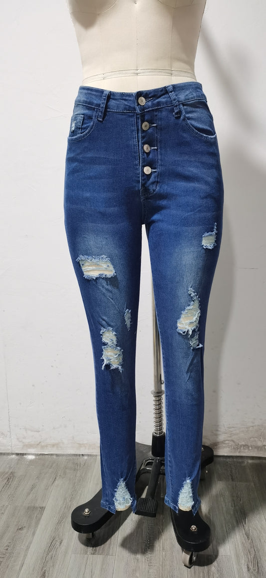 Autumn Ripped Ankle Tied Jeans Women Washed Breasted Pencil Casual Pants