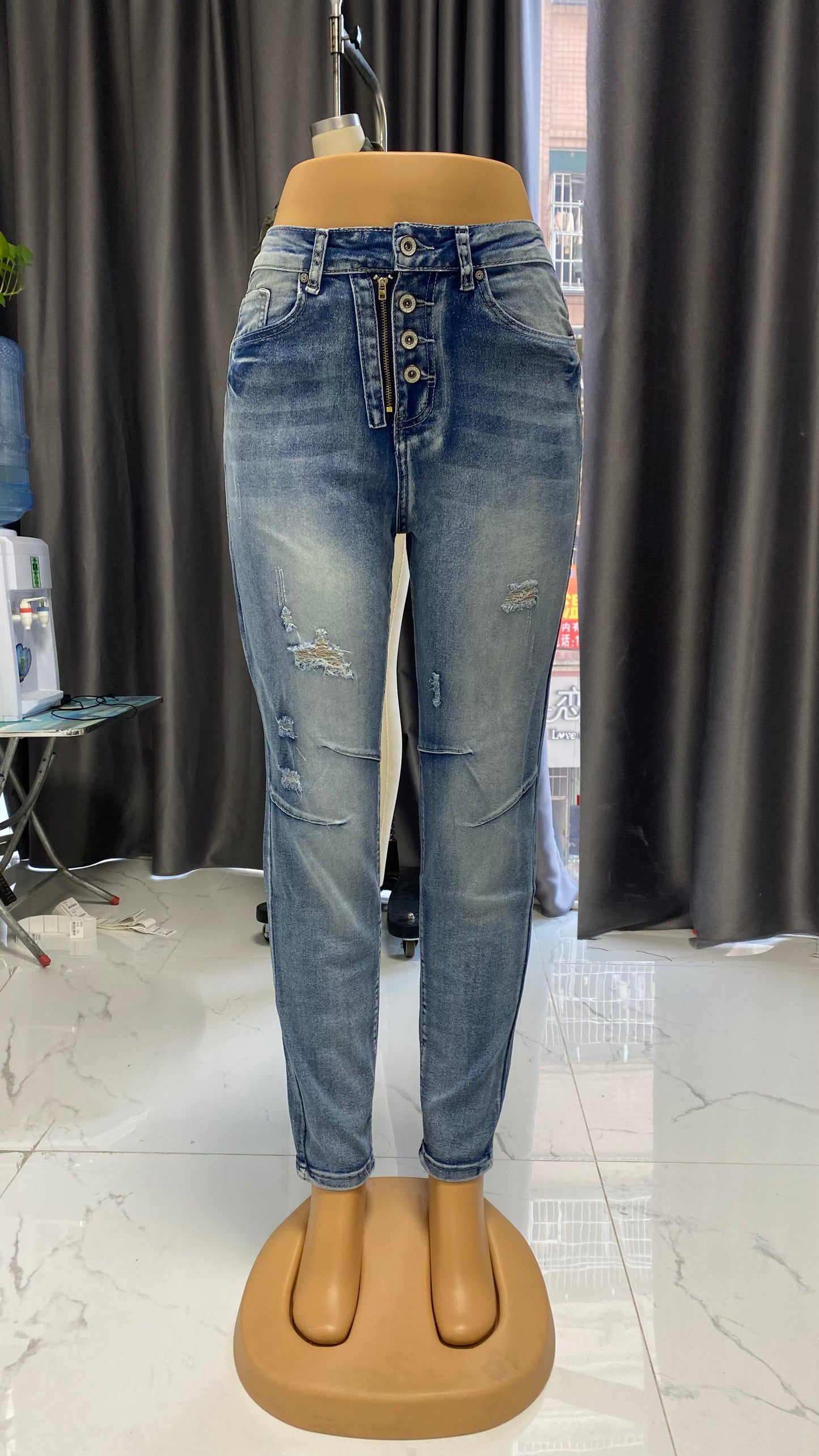 Jean vintage zippé pour femme, pantalon extensible délavé