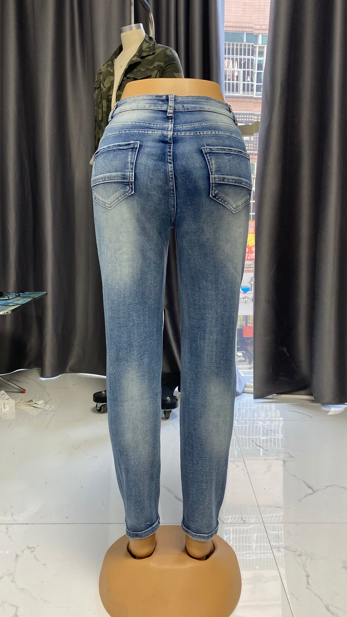 Jean vintage zippé pour femme, pantalon extensible délavé