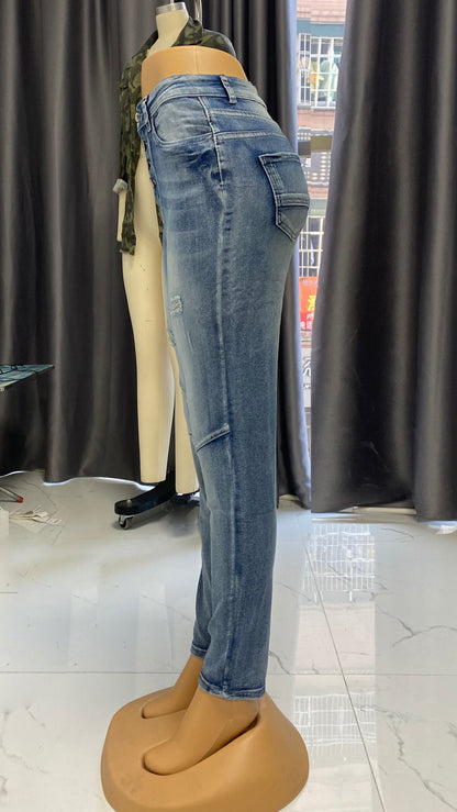 Jean vintage zippé pour femme, pantalon extensible délavé