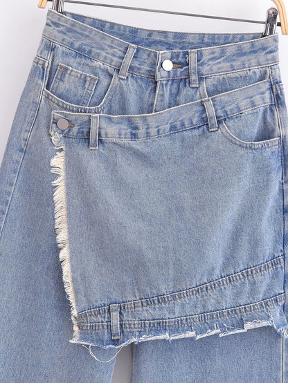 Vêtements pour femmes Pantalon en denim décontracté taille haute amincissant faux deux pièces patchwork