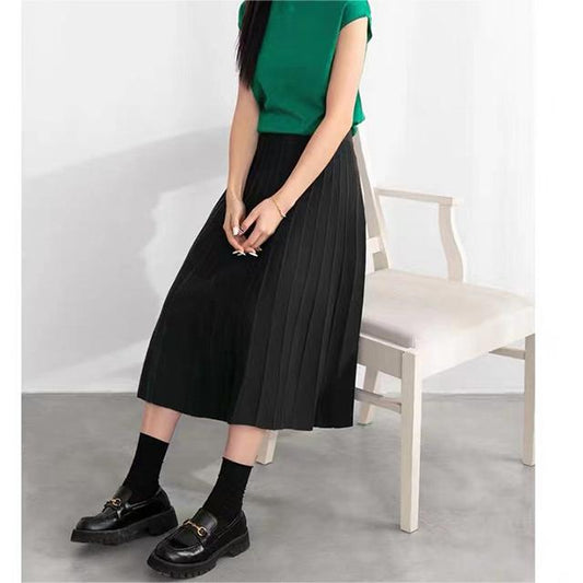 Girls Knit Pleated Skirt Women Autumn Winter High Waist A Line Skirt Retro Slimming Mid Length Skirt