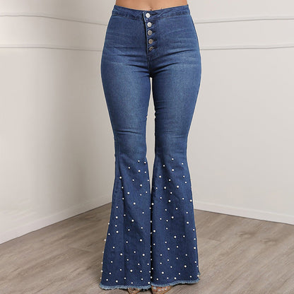 Stretch Jeans Beaded Bell-Bottom Pants Women