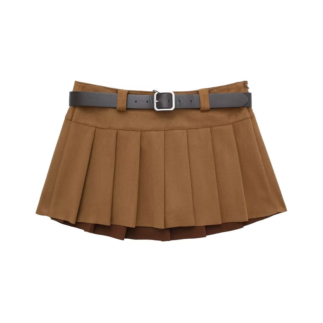 Culotte plissée large effet texturé en daim avec ceinture pour femmes