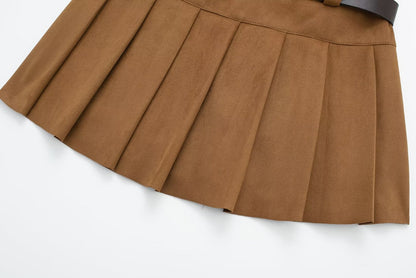 Culotte plissée large effet texturé en daim avec ceinture pour femmes