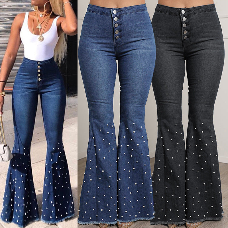 Stretch Jeans Beaded Bell-Bottom Pants Women