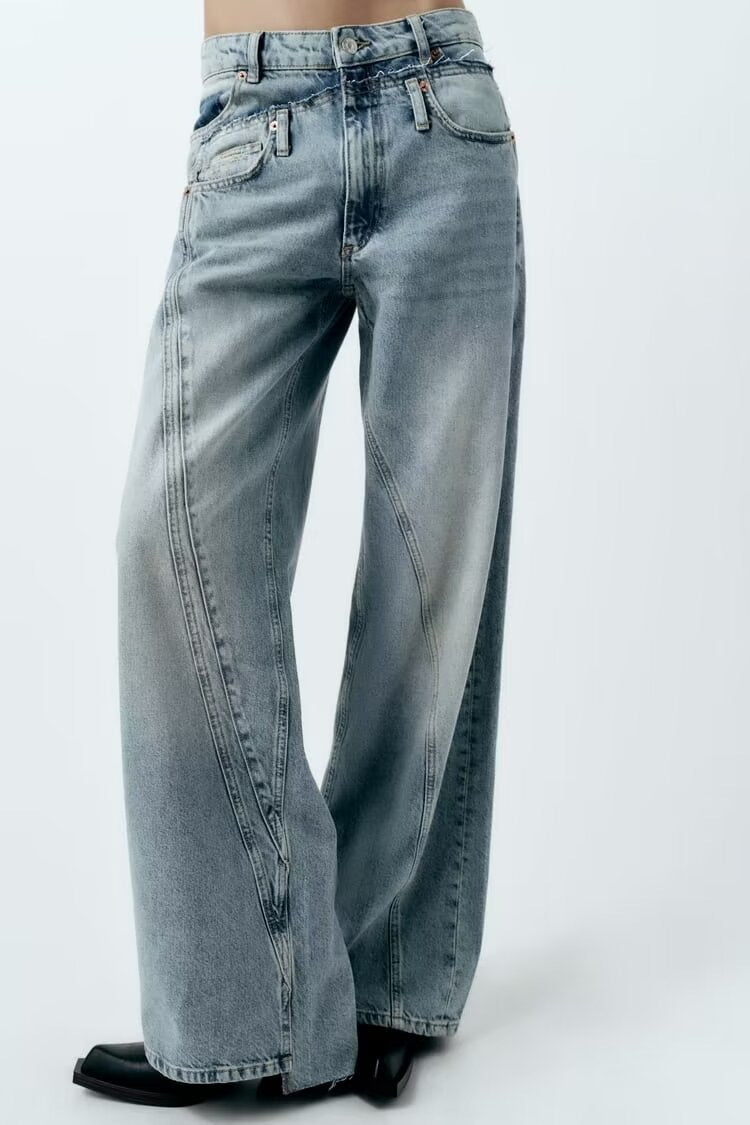 Design Doppellagige Taille der Hose Gerade Jeans für Damen Herbst Sexy Hohe Taille Weites Bein Draggle Tail Hose