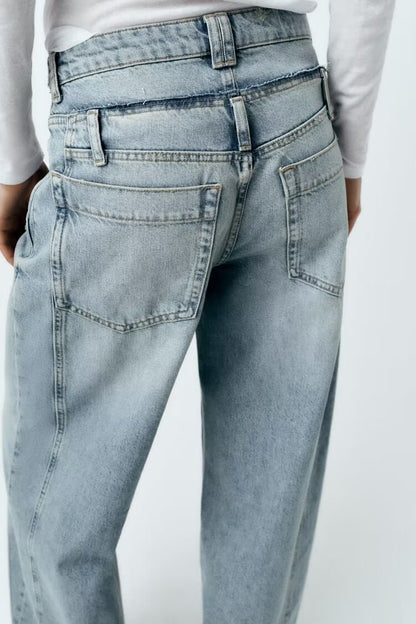 Design Doppellagige Taille der Hose Gerade Jeans für Damen Herbst Sexy Hohe Taille Weites Bein Draggle Tail Hose