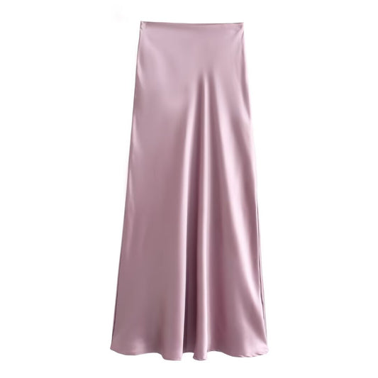 Jupe longue en satin acétate fin à taille élastique et fermeture éclair pour femme, couleur unie, jambe longue