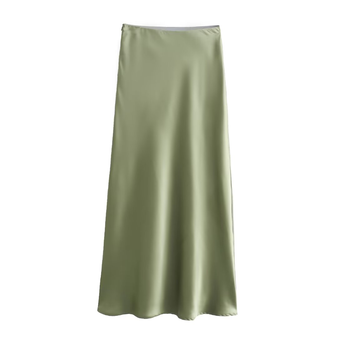 Jupe longue en satin acétate fin à taille élastique et fermeture éclair pour femme, couleur unie, jambe longue