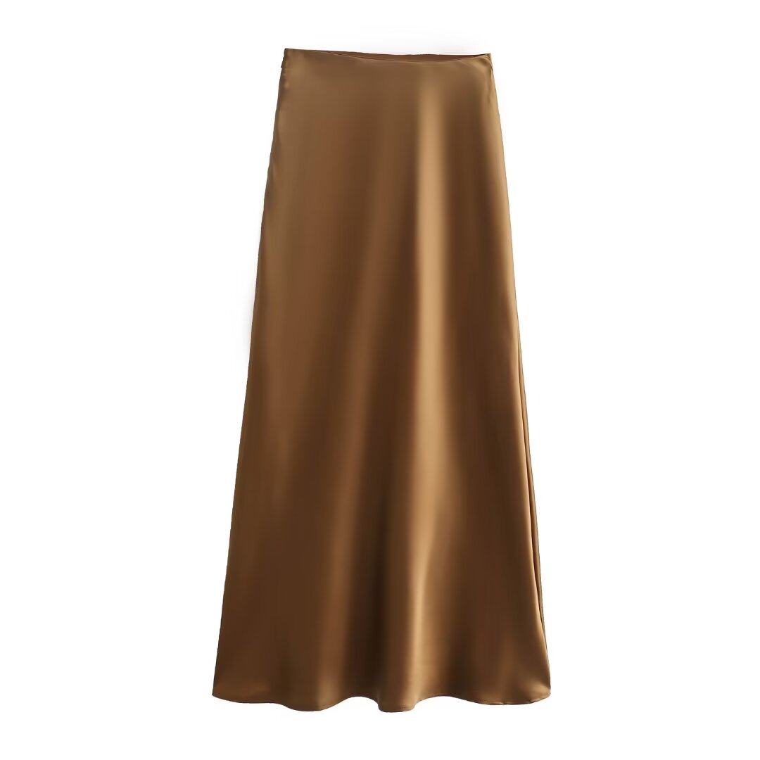 Jupe longue en satin acétate fin à taille élastique et fermeture éclair pour femme, couleur unie, jambe longue