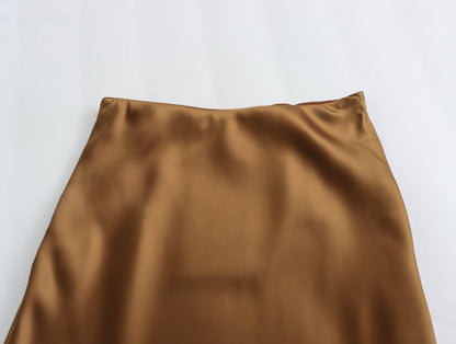 Jupe longue en satin acétate fin à taille élastique et fermeture éclair pour femme, couleur unie, jambe longue