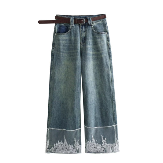 Spring Women Clothing Chinese Traditional Lace Patch Flanging Denim Wide Leg Cropped Pants