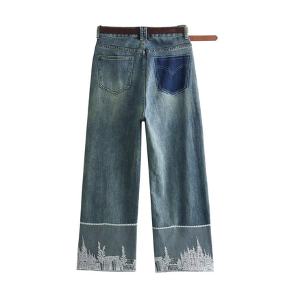 Frühlings-Damenbekleidung, traditionelle chinesische Spitzen-Patch-Bördel-Jeans mit weitem Bein, verkürzte Hose