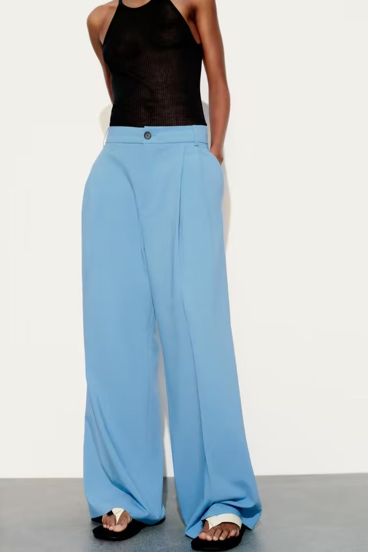 Pantalon ample décontracté taille haute plissé droit pour femme, pantalon de bureau simple et décontracté à jambes larges