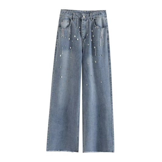 Vêtements pour femmes à la mode avec strass effiloché, pantalon long en denim à jambe large chic