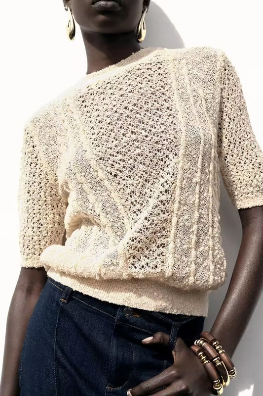 Haut à manches courtes en maille jacquard tricoté pour femme, vêtement de printemps